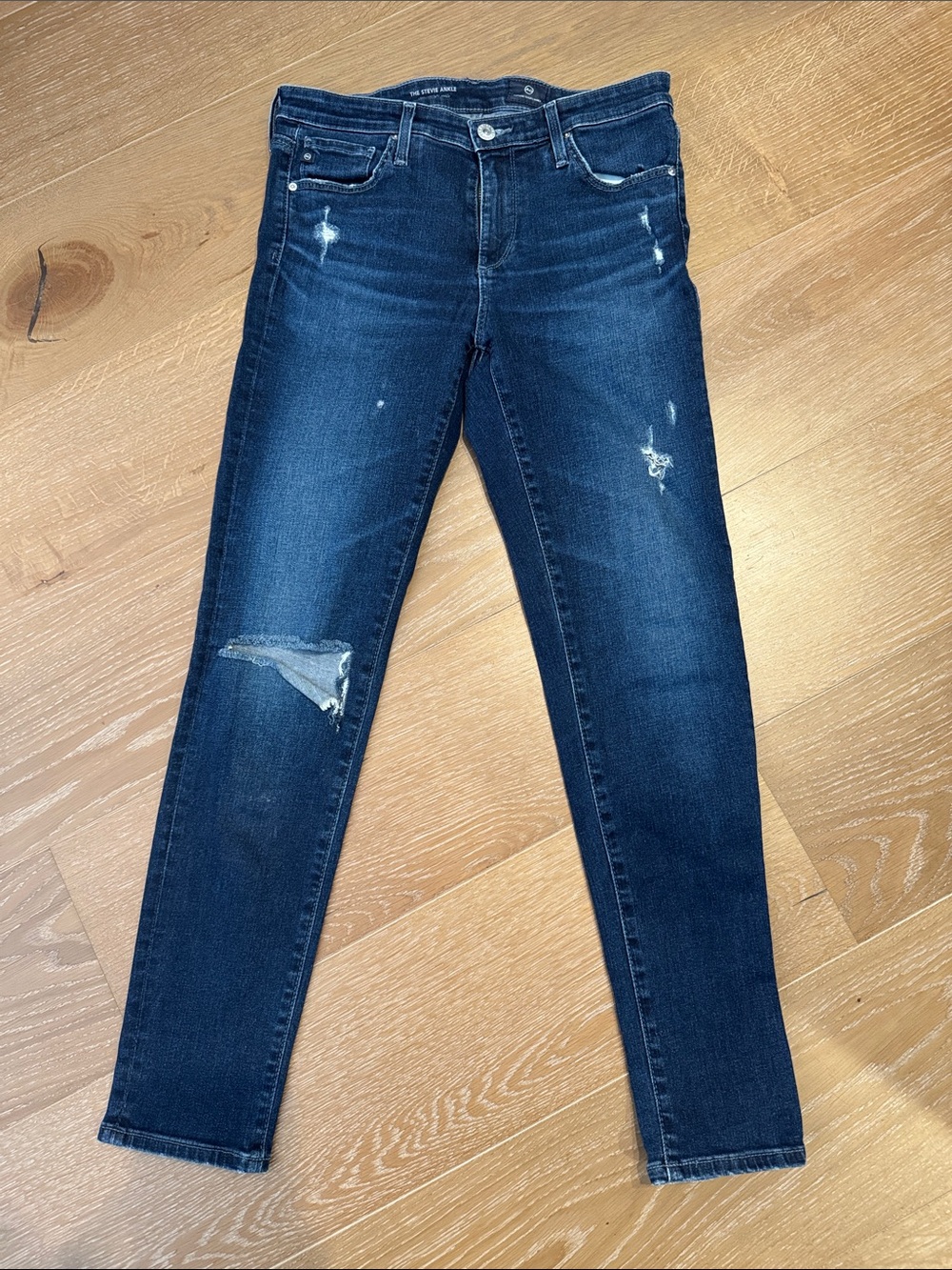 AG The Stevie Ankle Dark Blue Distressed Women's Skinny Jeans